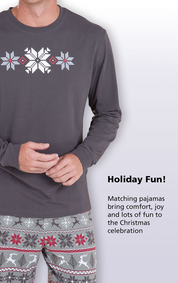 Close-up of Nordic Men's Pajamas Gray graphic top with the following copy: Holiday fun! Matching pajamas bring comfort, joy and lots of fun to the Christmas celebration image number 1