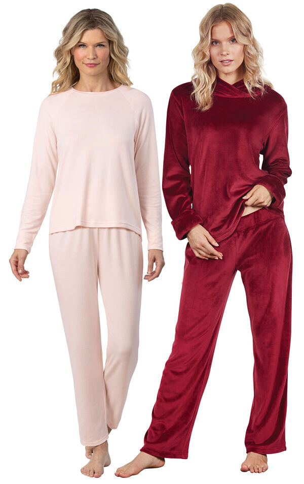 Models wearing Naturally Nude Knit Pajamas - Light Pink and Tempting Touch PJs - Garnet. image number 0