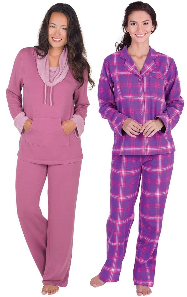 Models wearing World's Softest Pajamas - Raspberry and Raspberry Plaid Boyfriend Flannel Pajamas. image number 0