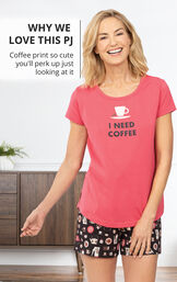 Model wearing Coffee Lover Short Set with the following copy: Why we Love this PJ - Coffee print so cute you'll perk up just looking at it image number 2