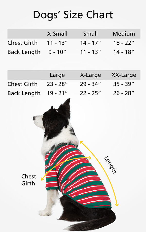 Dog Sizes XS (Chest Girth 11-13"/Back Length 9-10"), SM (Chest Girth 14-17"/Back Length 11-13"), MD (Chest Girth 18-22"/Back Length 14-18"), LG (Chest 23-28"/Back Length 19-21"), XL (Chest 29-34"/Back Length 22-25"), XL (Chest 35-39"/Back Length 26-28")