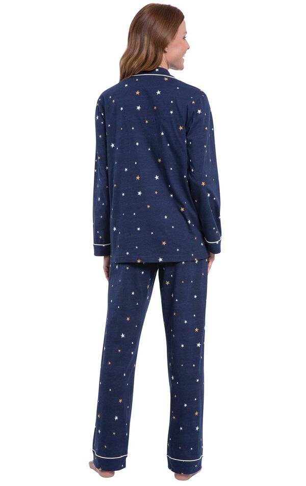 Model wearing Navy Blue Star Button-Front PJ for Women, facing away from the camera image number 1