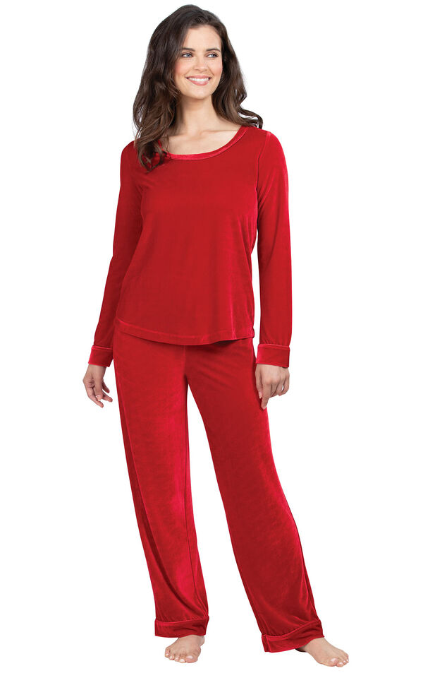 Model wearing Red Velour PJ with Satin Trim for Women image number 0