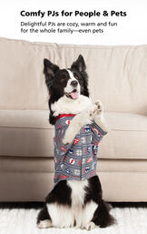 Dog in front of couch standing on hind legs with the following copy: Comfy PJs for People and Pets - delightful PJs are cozy, warm and fun for the whole family- even pets image number 2