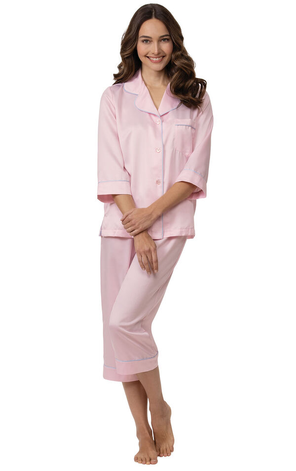Model wearing Light Pink Satin Button-Front Capri PJ with Blue Trim for Women image number 0