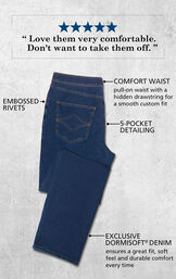 Bluestone Wash PajamaJeans for Men laying flat with the following details: embossed rivets, comfort pull-on waist with a hidden drawstring, 5-pocket detailing and Dormisoft Denim. Custom Quote: ''Love them very comfortable. Don't want to take them off.'' image number 2