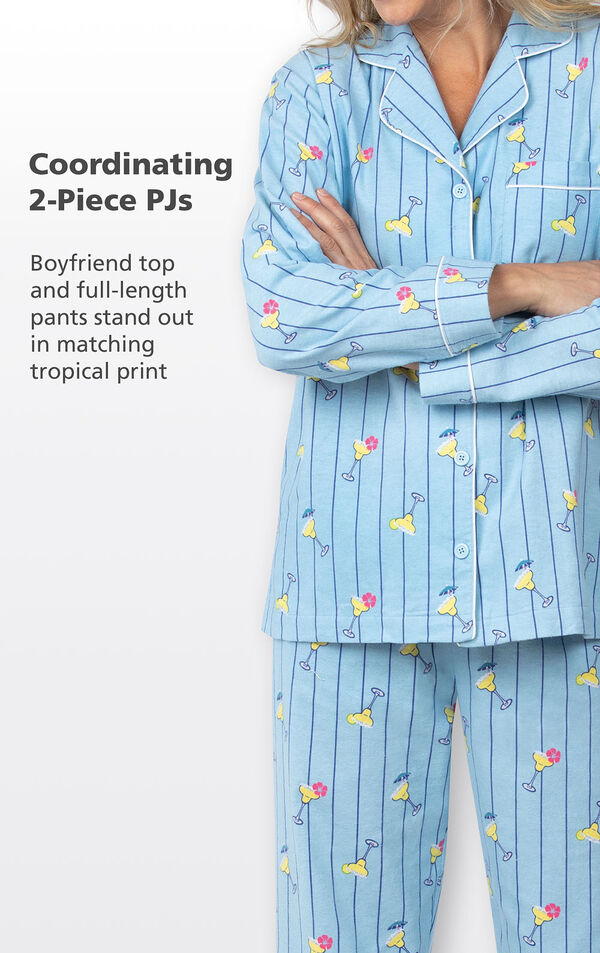 Coordinating 2-piece PJs - light blue boyfriend top and full-length pants stand out in matching tropical print image number 3