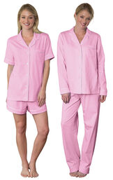 Models wearing Classic Polka-Dot Short Set - Pink and Classic Polka-Dot Boyfriend Pajamas - Pink. image number 0