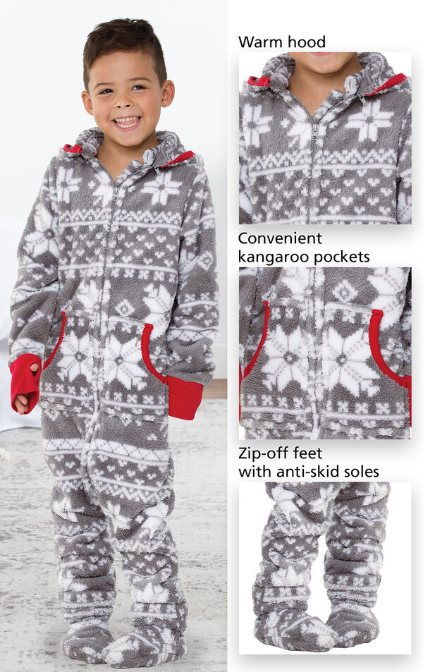 Close-ups of Nordic Hoodie-Footie's features which include a warm hood, convenient kangaroo pockets and zip-off feet with anti-skid soles. image number 1