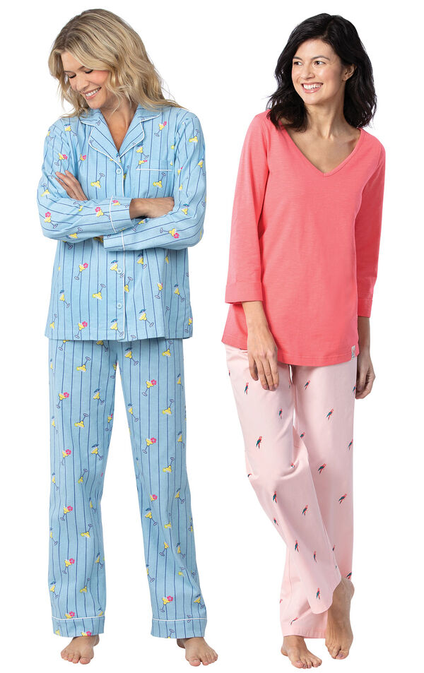 Models wearing Margaritaville Flannel Boyfriend Pajamas - Cocktail O'Clock and Margaritaville Tropical Dreams Pajamas - Pink. image number 0