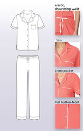 Technical drawing highlighting the following features: elastic drawstring waist, white trim, chest pocket and full button front image number 3