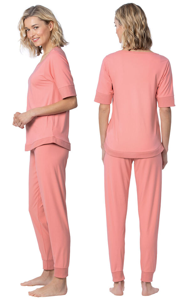 Model wearing Coral Jogger PJ for Women, facing away from the camera and then to the side image number 1