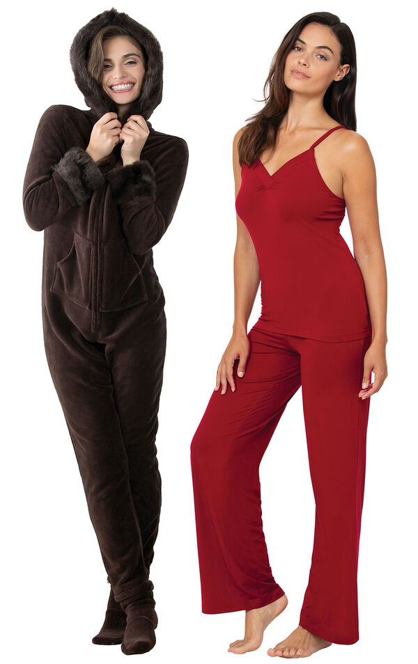 Mink Chocolate Hoodie-Footie and Red Naturally Nude Cami PJs image number 0