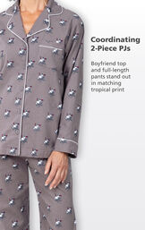 Coordinating 2-Piece PJs - Gray Boyfriend top and full-length pants stand out in matching tropical snowman print image number 3