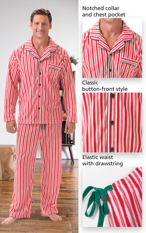 Close-ups of the features of Candy Cane Fleece Men's Pajamas which include a notched collar and chest pocket, classic button-front style and elastic waist with drawstring