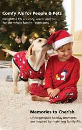 Boy and Dog wearing Snoopy and Woodstock Matching Pajamas with the following copy: Comfy PJs for People and Pets - Delightful PJs are cozy, warm and fun for the whole family - even pets. Memories to Cherish - Unforgettable holiday moments are inspired by matching family PJs. image number 2