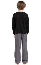 Model wearing Charcoal Gray and Black Stripe PJ for Youth, facing away from the camera image number 1