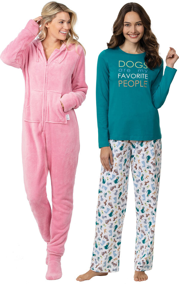 Models wearing Dogs Are My Favorite Pajamas and Hoodie-Footie - Pink image number 0