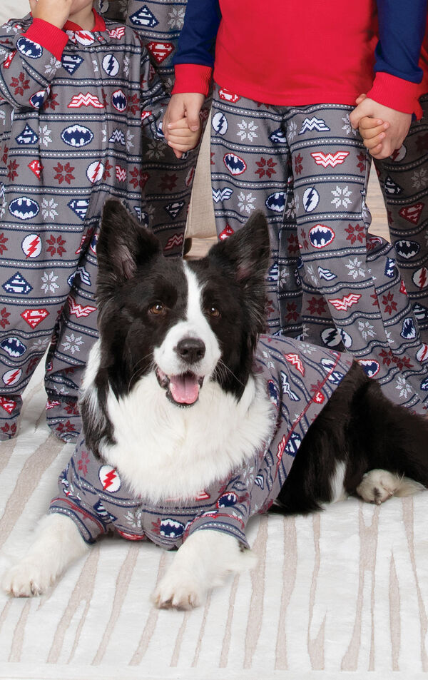 Dog laying on rug wearing red and blue Justice League pajamas for pets image number 1