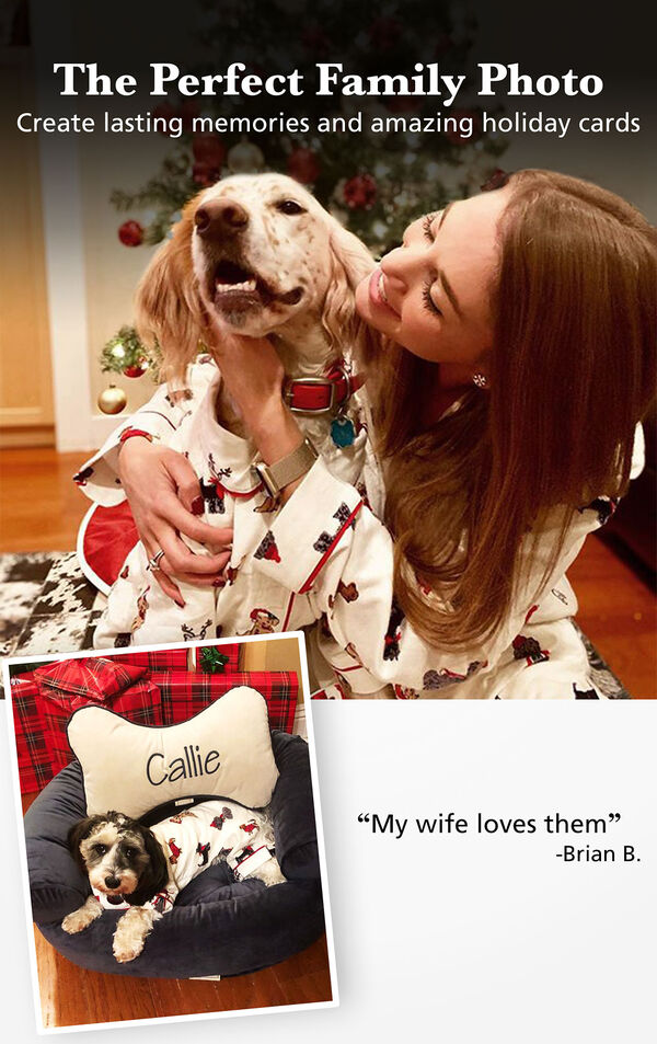 Customer Photos of Christmas Dog Print Flannel Pajamas with the following copy: The Perfect Family Photo - Create Lasting Memories and Amazing Holiday Cards. Customer Quote: "My wife loves them" - Brian B. image number 2