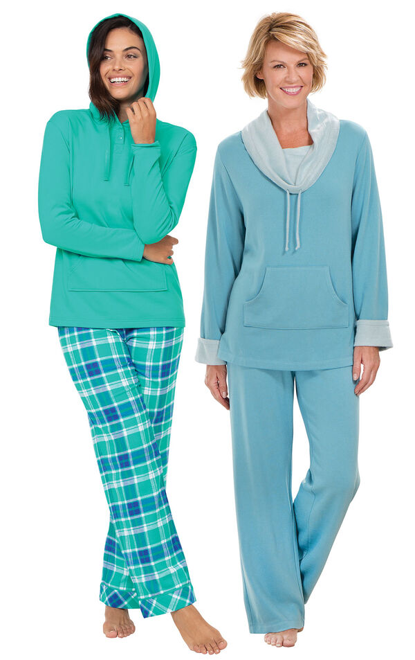 Wintergreen Plaid Hooded PJs and Teal World's Softest PJs image number 0