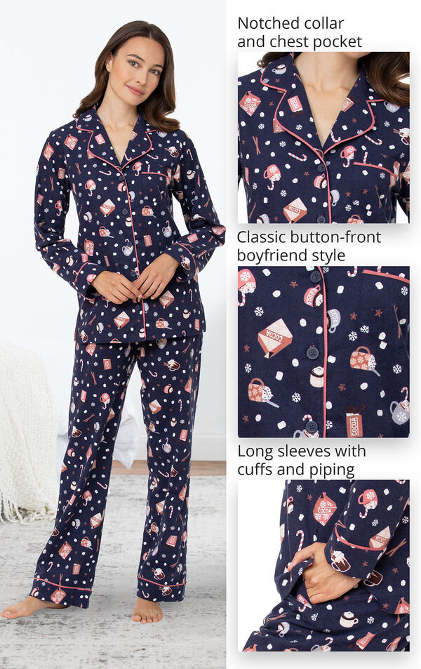Mugs & Kisses Flannel Boyfriend Pajamas feature a notched collar and chest pocket, classic button-front boyfriend style and long sleeves with cuffs and piping image number 4