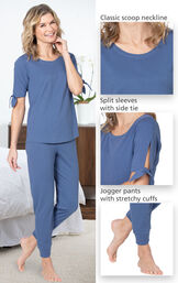 Close-ups of the features of Dusk Peekaboo Pajamas such as the classic scoop neckline, split sleeves with side tie and jogger pants with stretchy cuffs image number 3