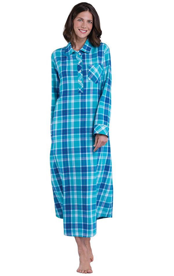 Model wearing Green and Blue Bright Plaid Gown for Women image number 0