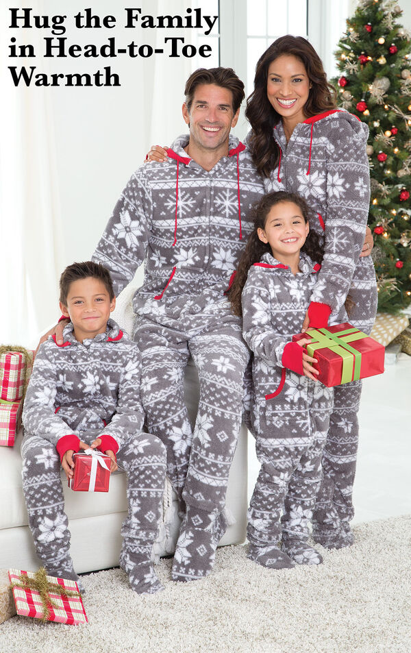 Parents and Kids wearing Gray Nordic Fleece Hoodie-Footie Matching Family Pajamas by the Christmas tree. Headline: Hug the Family in Head-to-Toe Warmth. image number 1