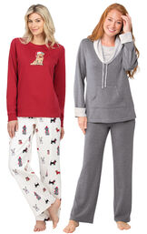 Models wearing Christmas Dog Flannel Pajamas - Red and World's Softest Pajamas - Charcoal. image number 0