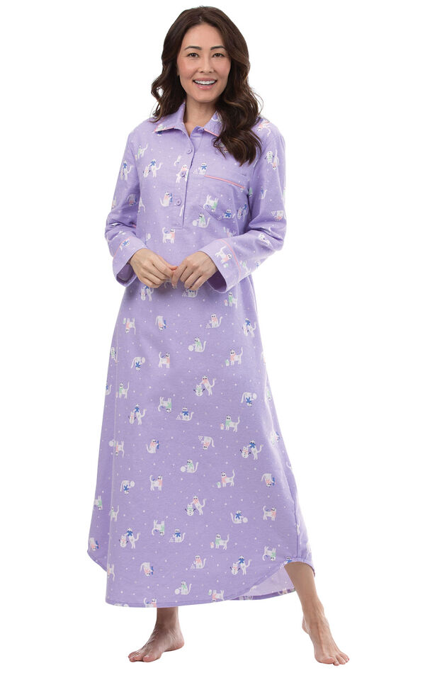 Model wearing Purple Flannel Cat Print Gown for Women image number 0