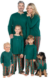 Models wearing Red and Green Christmas Tree Plaid Matching Family Pajamas image number 0