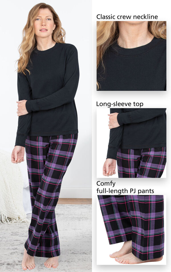 Close-ups of Modern Plaid Jersey-Top Flannel Pajamas Classic crew neckline, long-sleeve top and comfy full-length PJ pants image number 3