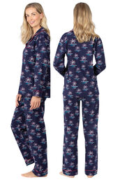 Model wearing Navy Blue Margaritaville Button-Front PJ for Women, facing away from the camera and then to the side image number 1