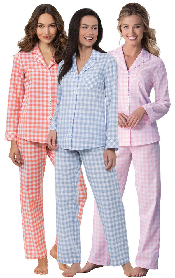 Models wearing Heart2Heart Gingham Boyfriend Pajamas in Coral, Periwinkle and Pink (3-pack) image number 0