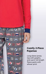 Close-up of Gray Fleece Justice League PJ bottoms with the following copy: Long-sleeve jersey top with graphic, and warm full-length fleece pants with allover print image number 3