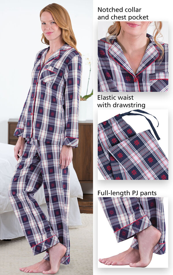 Close-ups of Snowfall Plaid Boyfriend PJs features which include a notched collar and chest pocket, elastic drawstring waist and full-length PJ pants image number 3