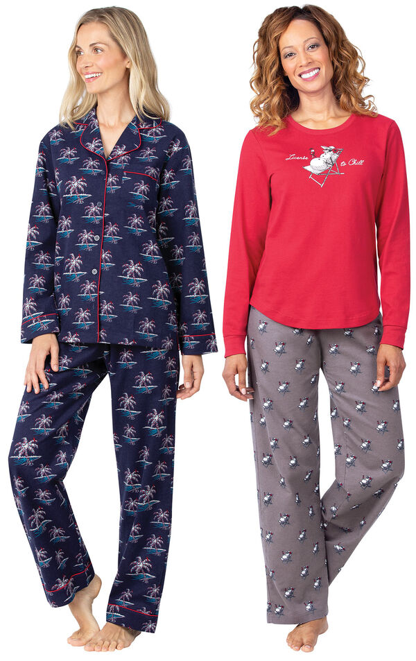 Models wearing Margaritaville Flannel Boyfriend Pajamas - Christmas Palm Trees and Margaritaville Island Time Pajamas - Sunny Snowman. image number 0