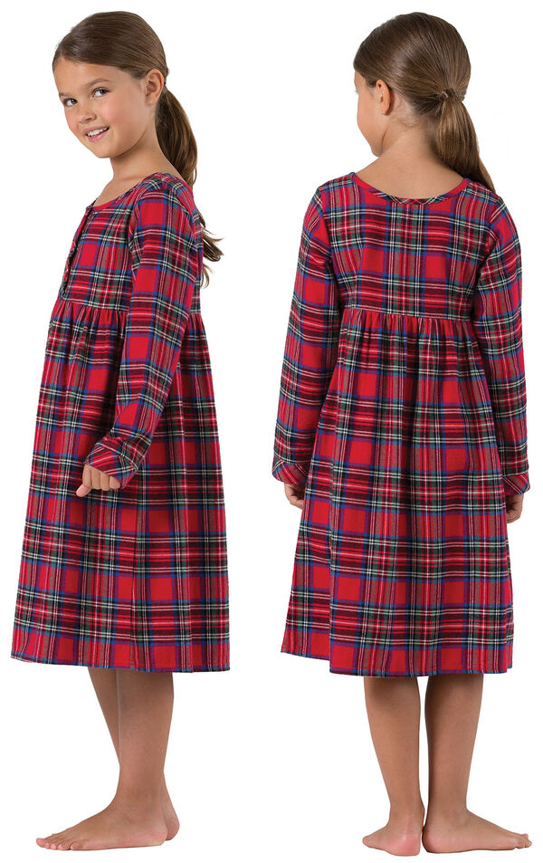 Girl wearing Red Classic Plaid Gown for Girls, facing away from the camera and then facing to the side image number 1