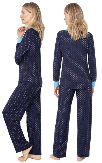 Model wearing Whisper Knit Henley Pajamas - Navy with Dots, facing away from the camera and then to the side