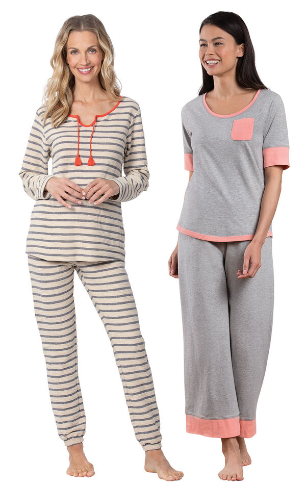 Models wearing Seeing Stripes Pajamas - Blue/White and Cozy Capri Pajama Set - Gray. image number 0