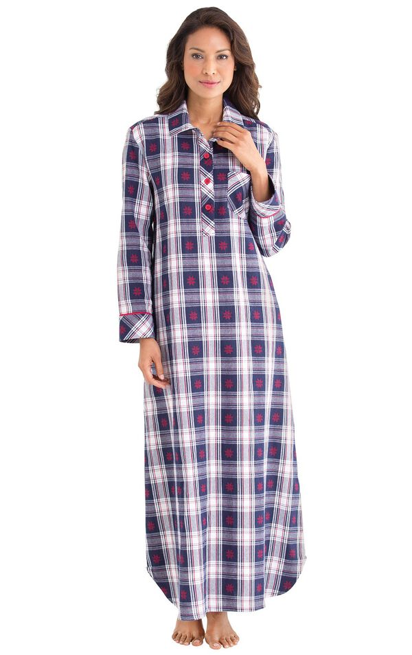 Model wearing Dark Blue Snowflake Plaid Gown for Women image number 0