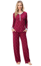 Model wearing Whisper Knit Henley Pajamas - Garnet Hearts image number 2