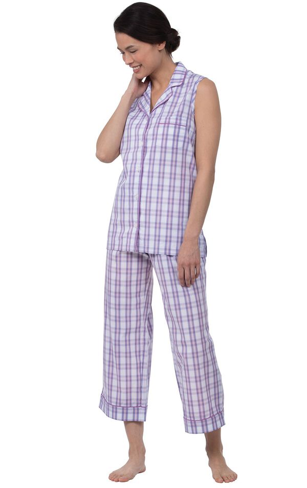 Model wearing Light Purple Plaid Capri PJ for Women image number 0