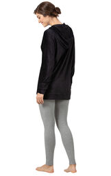Model wearing Black Ribbed Velour Hoodie Legging Pajamas for Women, facing away from the camera image number 1