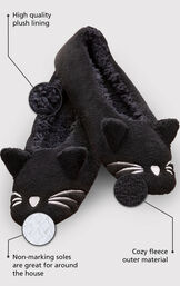 Black Kitty Slippers with pop-up ears and an embroidered white nose and whiskers with the following copy: High quality plush lining, non-marking soles are great for around the house, cozy fleece outer material image number 1