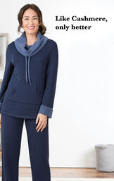 Model wearing Navy Blue World's Softest Pajamas with the following copy: Like Cashmere, only better image number 2