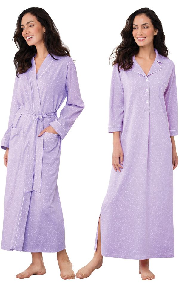 Models wearing Classic Polka-Dot Nighty - Lavender and Classic Polka-Dot Robe - Lavender. image number 0