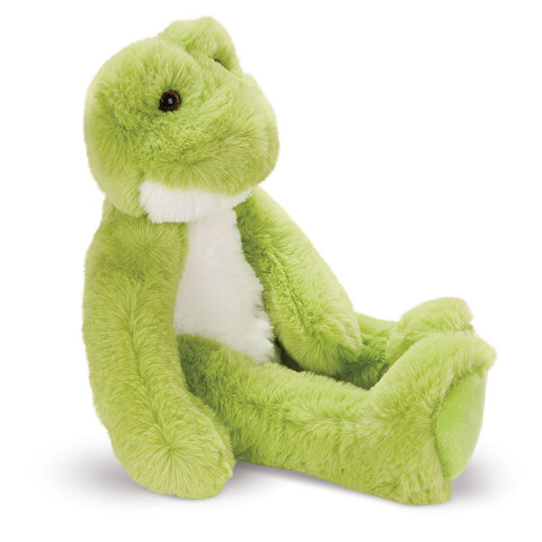 15" Buddy Frog - Side view of seated plush green slim frog with white belly and brown eyes image number 8