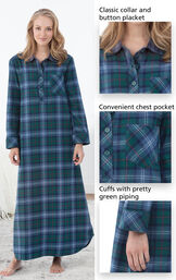 Close-ups of Heritage Plaid Flannel Nighty features which include a classic collar and button placket, convenient chest pocket and cuffs with pretty green piping image number 3